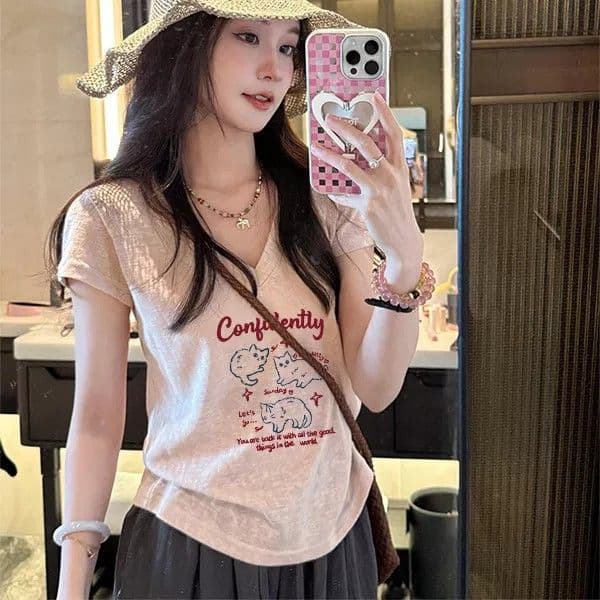 원본 원단 이후 패키지 칼라 한 부서 고양이 알파벳 프린트 V넥 티셔츠 여성 여름 통기성 다용도 반팔 맨위 이미지 2