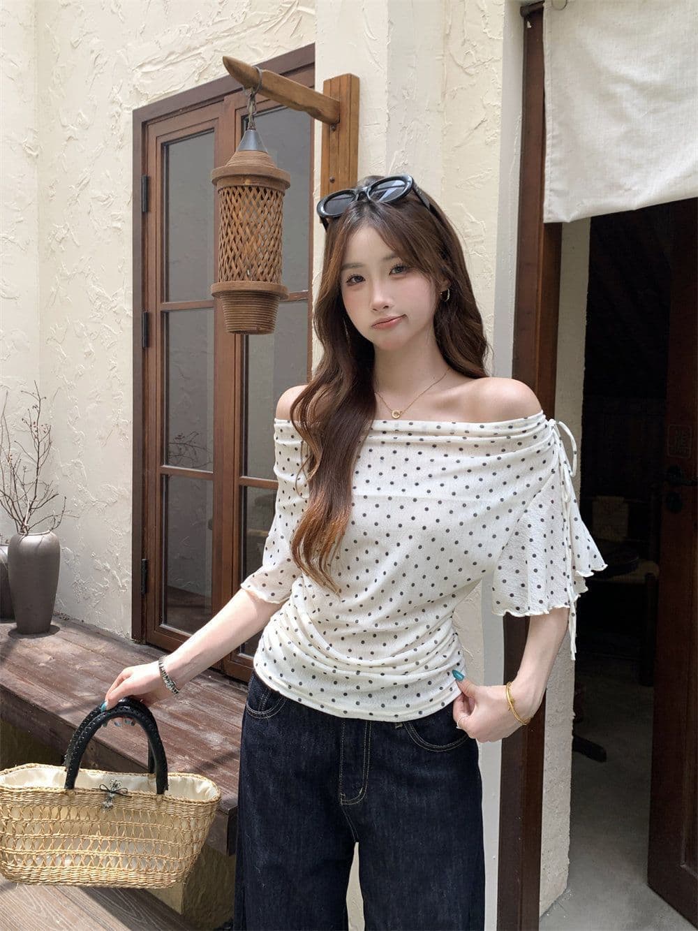 프랑스식 도트 무늬 V넥 레이스업 허리 수축 맨위 여성 여름 슬림해 보이는 품격 휴가 바람 패션 연령 감소 착용 가져 가라. 작은 키 상세 이미지 9