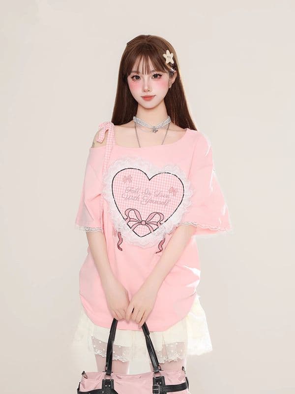 26 지점 순면 하트 레이스 비스듬한 어깨 반팔 티셔츠 26 여름 루즈핏 슬림해 보이는 달콤한 스타일 오프숄더 맨위 상세 이미지 4