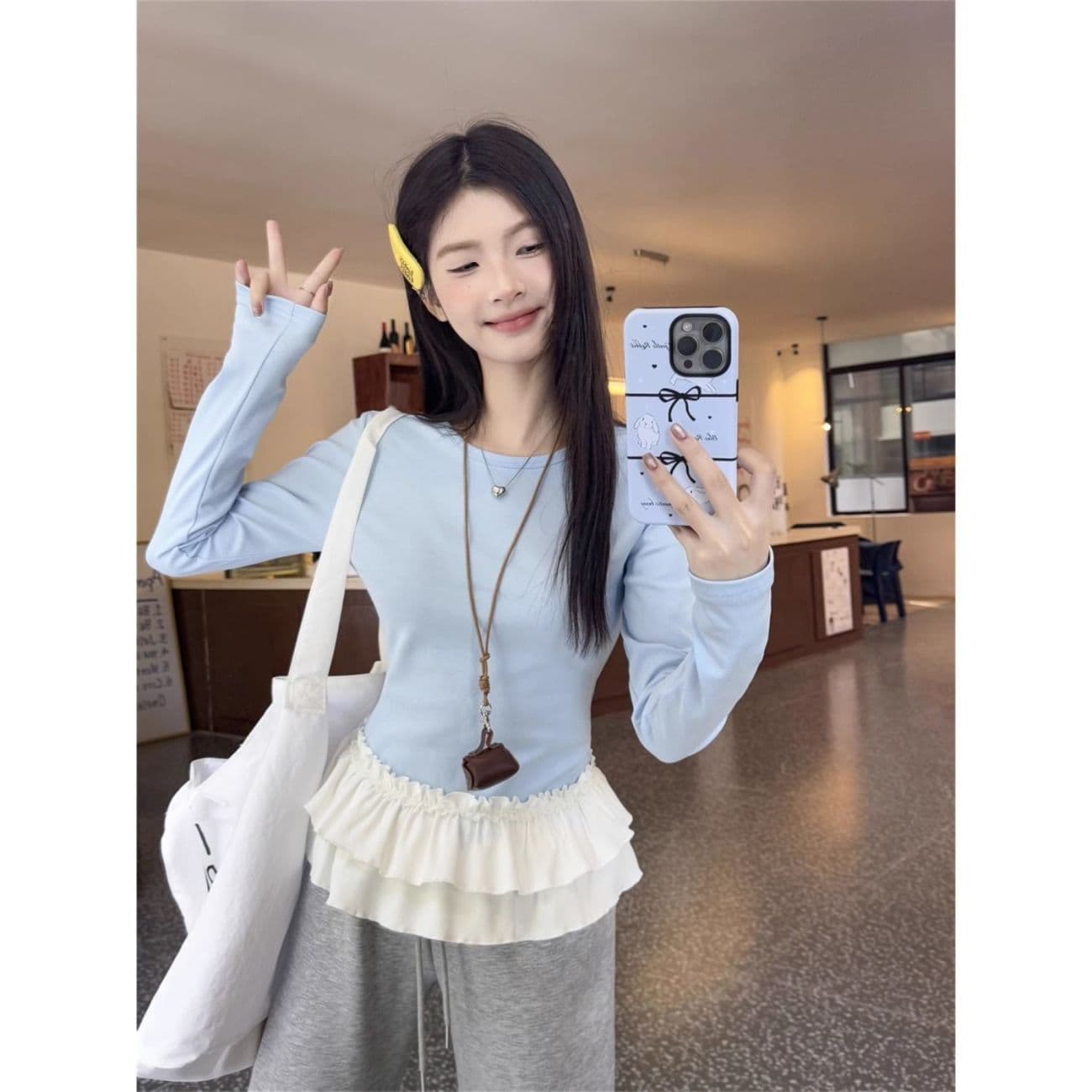 40 차가운 실크 차가운 면 1 1 구덩이 기사 2026 봄 새로운 파란색 패치워크 페이크 레이어드 맨위 긴팔 티셔츠 여성 이미지 4