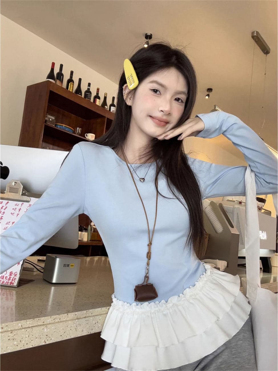 40 차가운 실크 차가운 면 1 1 구덩이 기사 2026 봄 새로운 파란색 패치워크 페이크 레이어드 맨위 긴팔 티셔츠 여성 상세 이미지 6