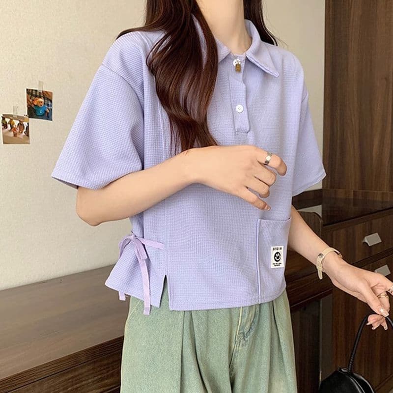 디자인 센스 작은 대중 POLO 칼라 반팔 긍정적 인 어깨 티셔츠 2026 새로운 쇼트 스타일 핫걸 맨위 여성 여름 이미지 3