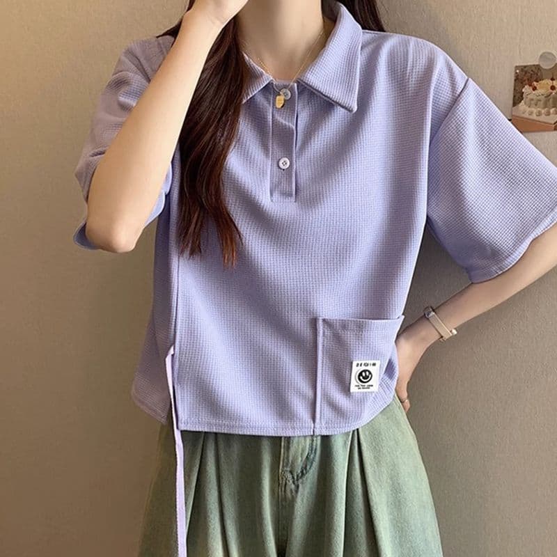 디자인 센스 작은 대중 POLO 칼라 반팔 긍정적 인 어깨 티셔츠 2026 새로운 쇼트 스타일 핫걸 맨위 여성 여름
