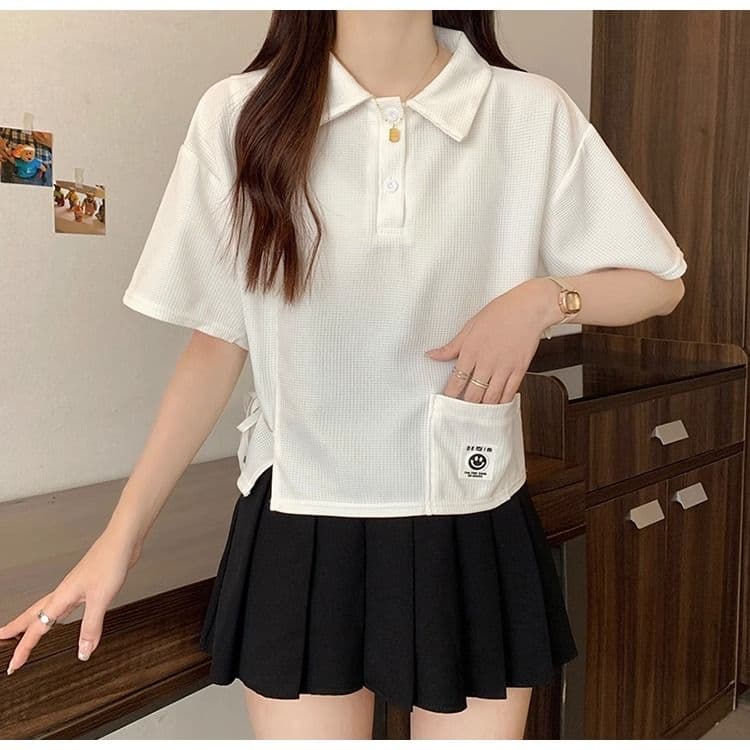 디자인 센스 작은 대중 POLO 칼라 반팔 긍정적 인 어깨 티셔츠 2026 새로운 쇼트 스타일 핫걸 맨위 여성 여름 상세 이미지 3
