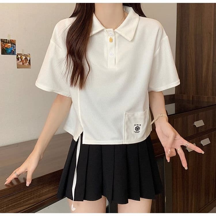 디자인 센스 작은 대중 POLO 칼라 반팔 긍정적 인 어깨 티셔츠 2026 새로운 쇼트 스타일 핫걸 맨위 여성 여름 상세 이미지 8