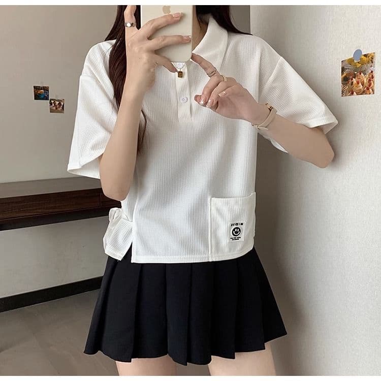 디자인 센스 작은 대중 POLO 칼라 반팔 긍정적 인 어깨 티셔츠 2026 새로운 쇼트 스타일 핫걸 맨위 여성 여름 상세 이미지 9