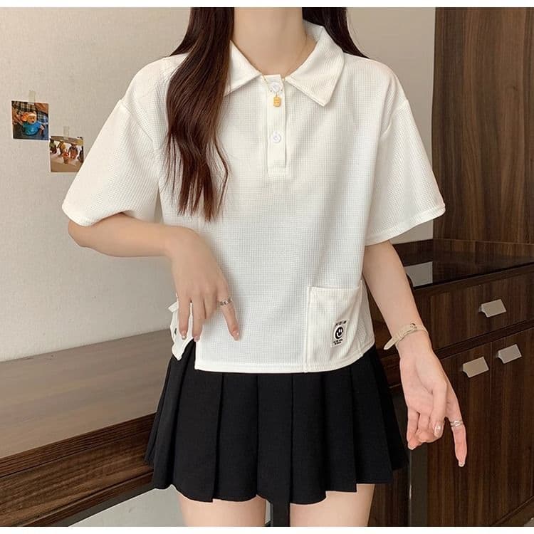 디자인 센스 작은 대중 POLO 칼라 반팔 긍정적 인 어깨 티셔츠 2026 새로운 쇼트 스타일 핫걸 맨위 여성 여름 상세 이미지 12