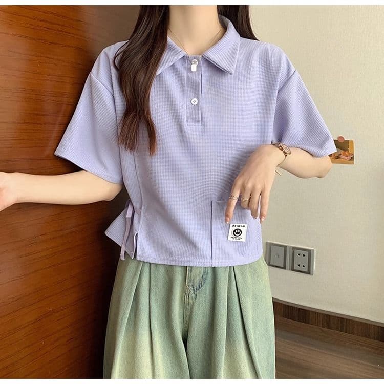 디자인 센스 작은 대중 POLO 칼라 반팔 긍정적 인 어깨 티셔츠 2026 새로운 쇼트 스타일 핫걸 맨위 여성 여름 상세 이미지 14