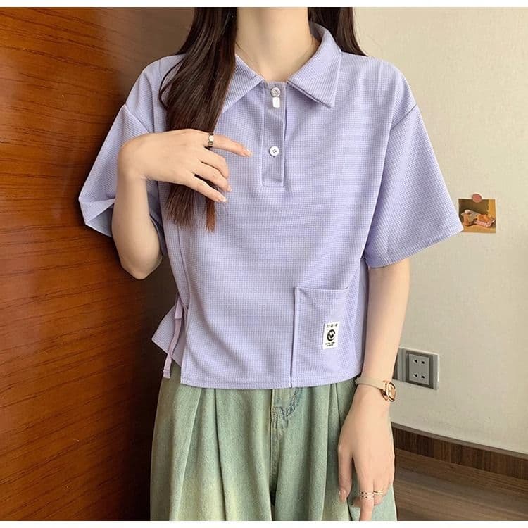 디자인 센스 작은 대중 POLO 칼라 반팔 긍정적 인 어깨 티셔츠 2026 새로운 쇼트 스타일 핫걸 맨위 여성 여름 상세 이미지 15