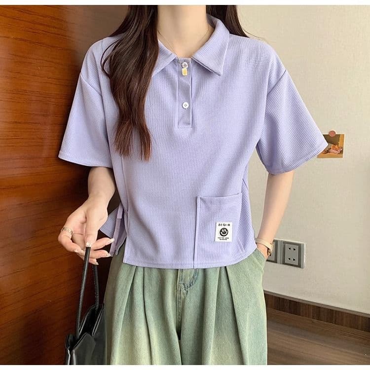 디자인 센스 작은 대중 POLO 칼라 반팔 긍정적 인 어깨 티셔츠 2026 새로운 쇼트 스타일 핫걸 맨위 여성 여름 상세 이미지 16
