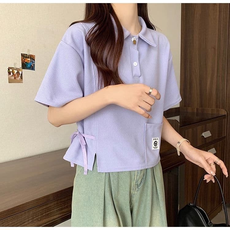 디자인 센스 작은 대중 POLO 칼라 반팔 긍정적 인 어깨 티셔츠 2026 새로운 쇼트 스타일 핫걸 맨위 여성 여름 상세 이미지 17