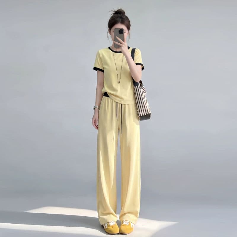 슈퍼 화재 착용 가져 가라. 전체 집합 루즈핏 캐주얼 운동 패치워크 색상 반팔 와이드 레그 팬츠 두 조각 여성 세트 외국 가스 상세 이미지 16