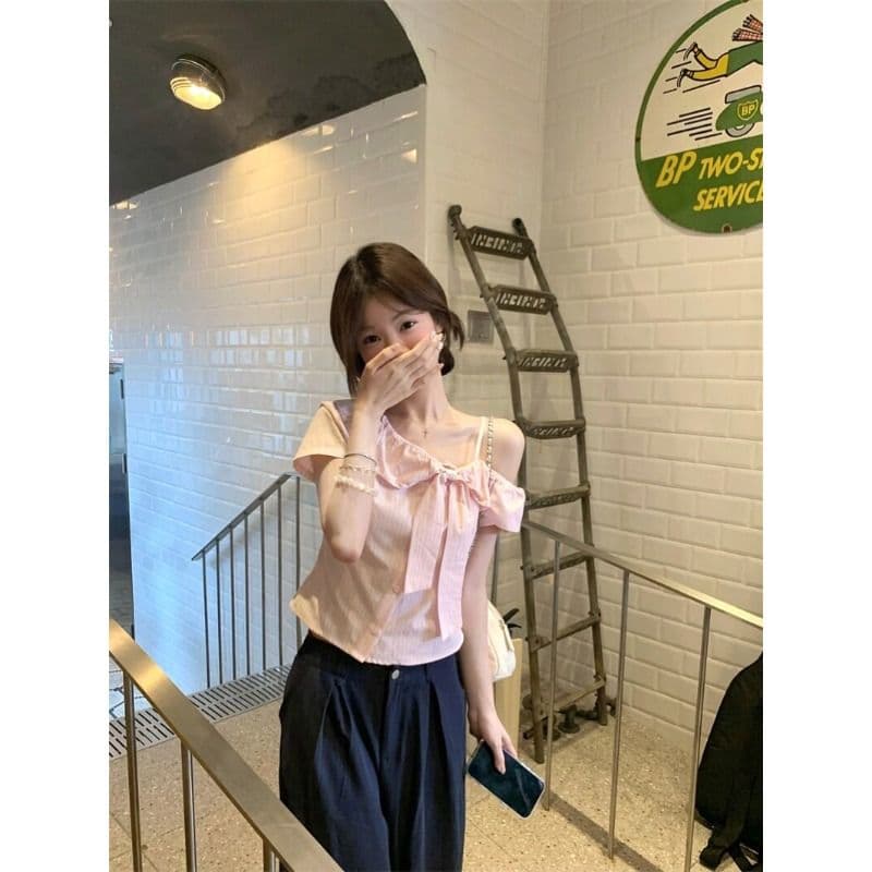 핑크색 나비 매듭 오프숄더 반팔 셔츠 여름 작은 키 달콤함 디자인 센스 부드러운 바람 맨위 여자 이미지 2