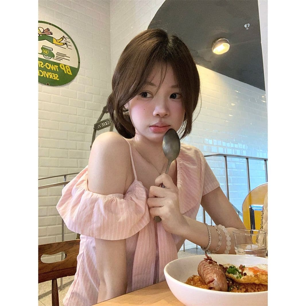 핑크색 나비 매듭 오프숄더 반팔 셔츠 여름 작은 키 달콤함 디자인 센스 부드러운 바람 맨위 여자 이미지 5