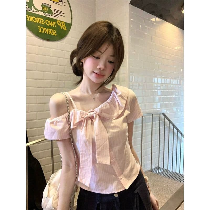 핑크색 나비 매듭 오프숄더 반팔 셔츠 여름 작은 키 달콤함 디자인 센스 부드러운 바람 맨위 여자 이미지 3