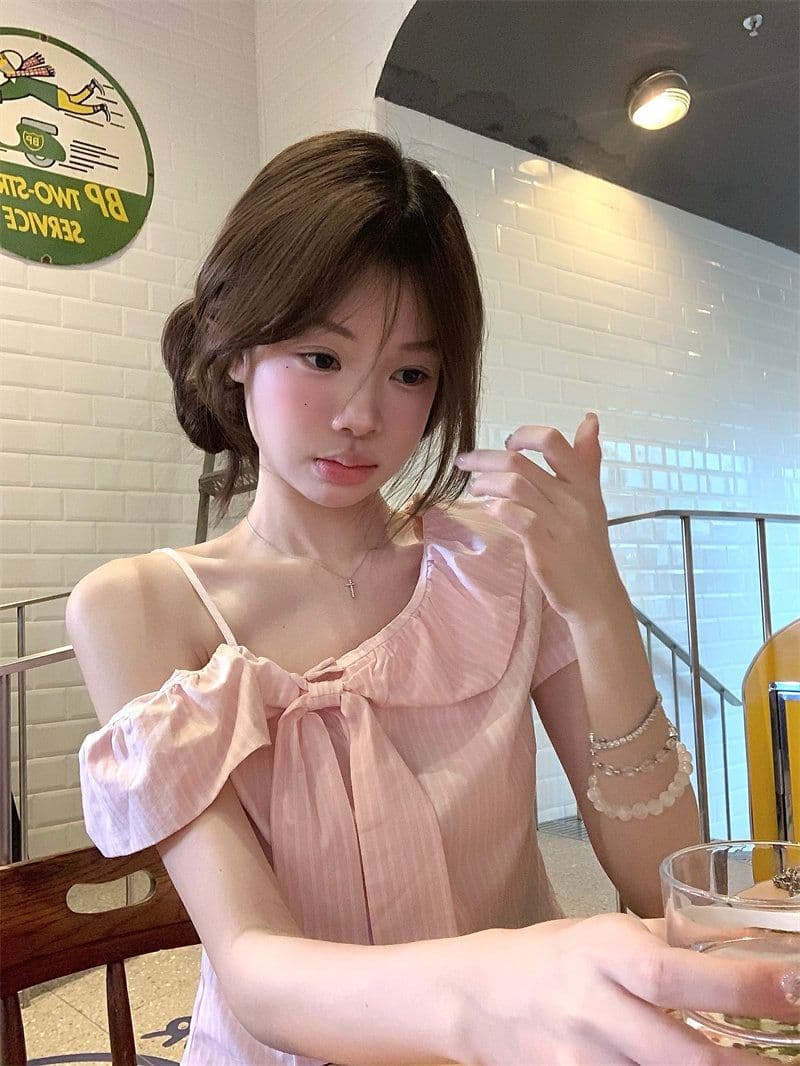 핑크색 나비 매듭 오프숄더 반팔 셔츠 여름 작은 키 달콤함 디자인 센스 부드러운 바람 맨위 여자 상세 이미지 1