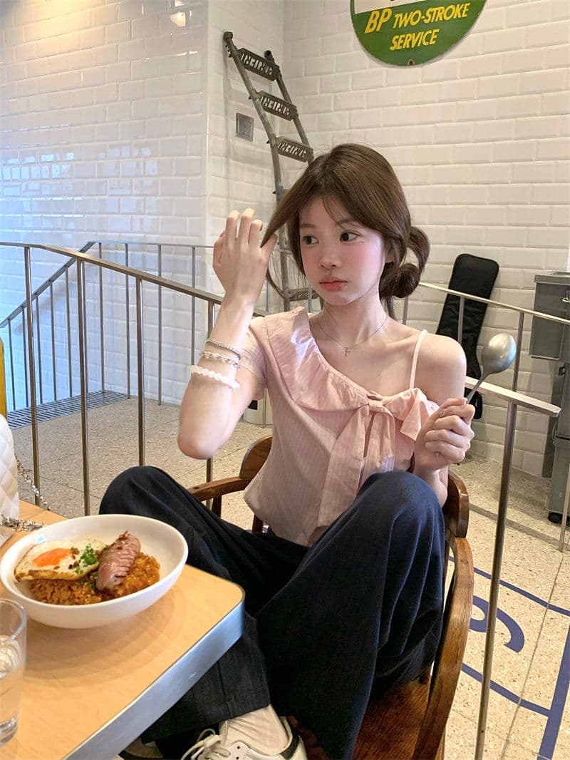 핑크색 나비 매듭 오프숄더 반팔 셔츠 여름 작은 키 달콤함 디자인 센스 부드러운 바람 맨위 여자 상세 이미지 4