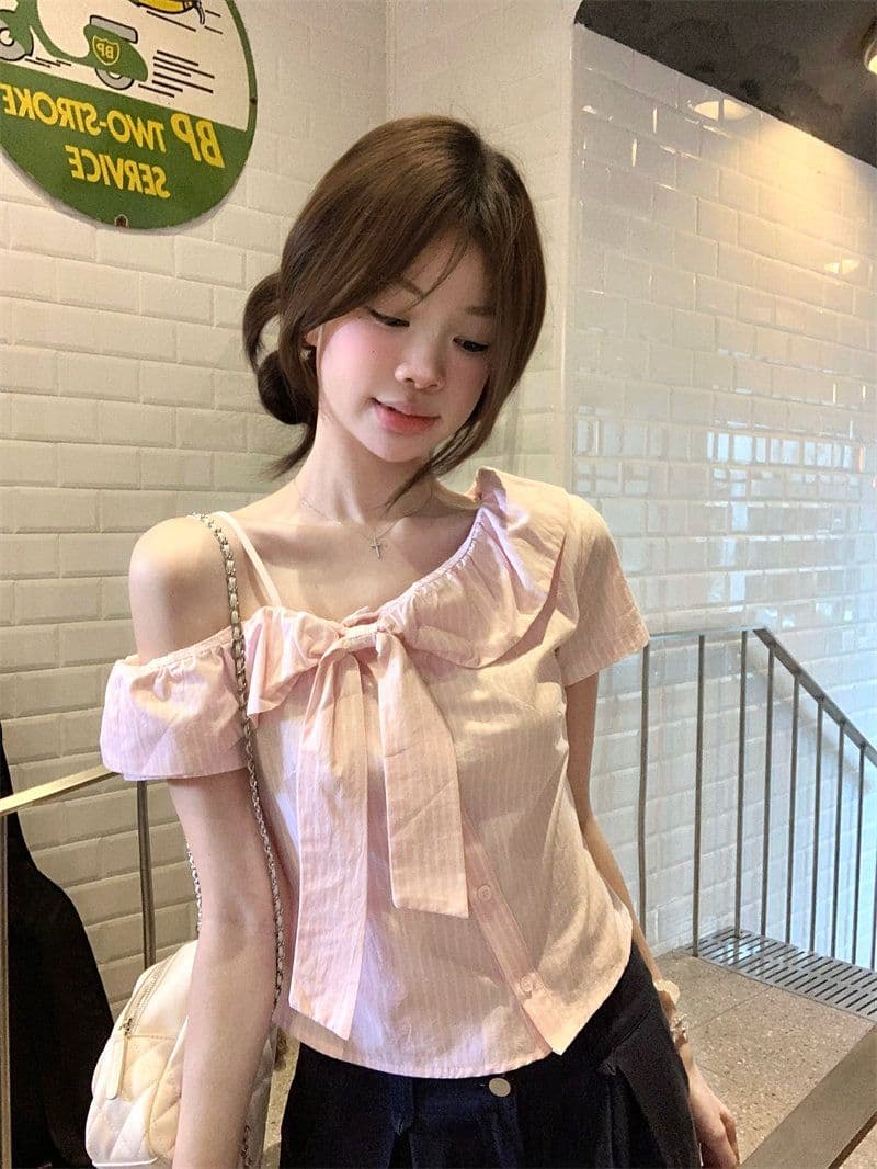 핑크색 나비 매듭 오프숄더 반팔 셔츠 여름 작은 키 달콤함 디자인 센스 부드러운 바람 맨위 여자 상세 이미지 5