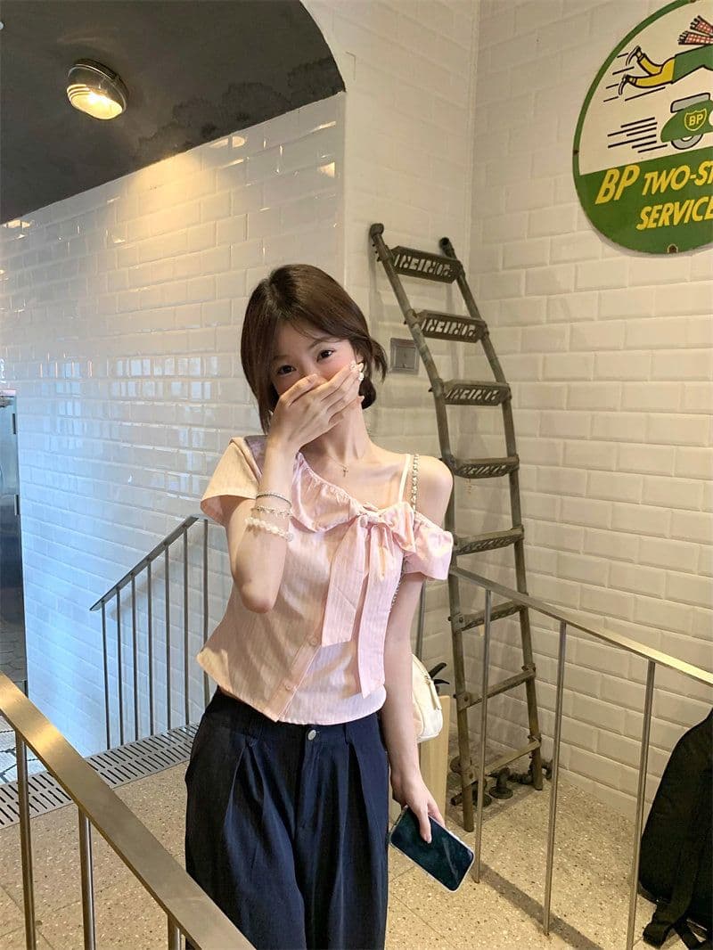핑크색 나비 매듭 오프숄더 반팔 셔츠 여름 작은 키 달콤함 디자인 센스 부드러운 바람 맨위 여자 상세 이미지 6