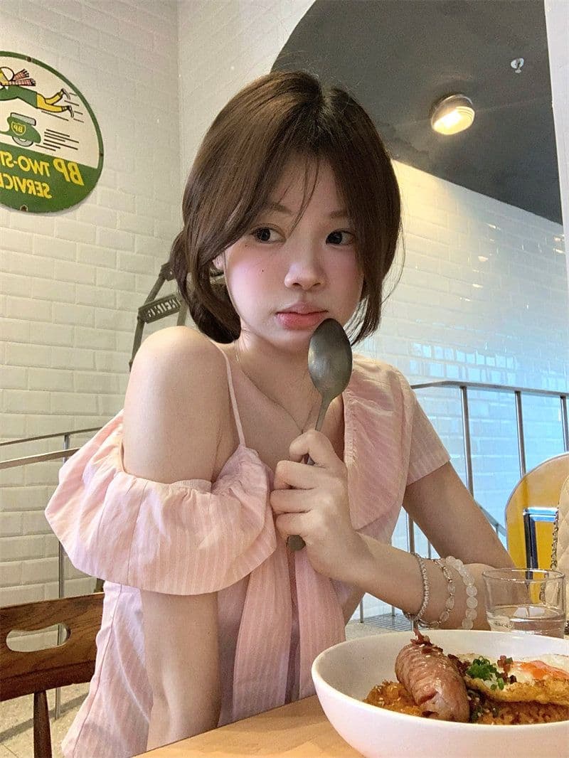 핑크색 나비 매듭 오프숄더 반팔 셔츠 여름 작은 키 달콤함 디자인 센스 부드러운 바람 맨위 여자 상세 이미지 7