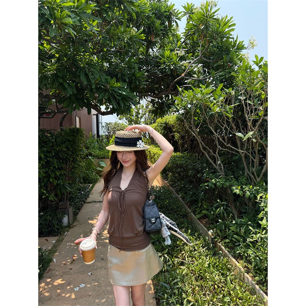 검정색 V넥 행침 목 캐미솔 여름 핫걸 몸매 가꾸기 민소매 백리스 맨위 이미지 4