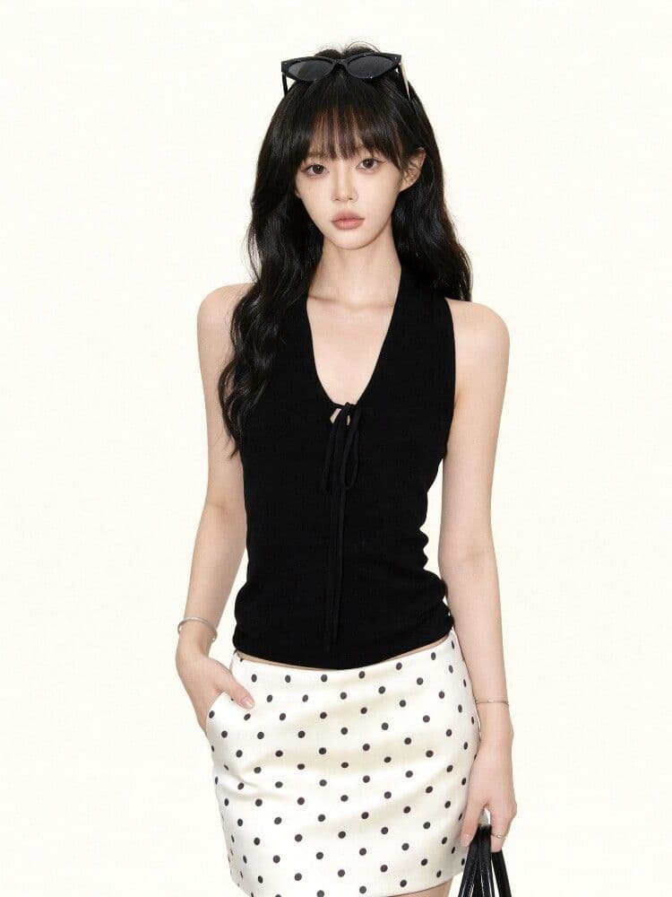 검정색 V넥 행침 목 캐미솔 여름 핫걸 몸매 가꾸기 민소매 백리스 맨위 상세 이미지 2