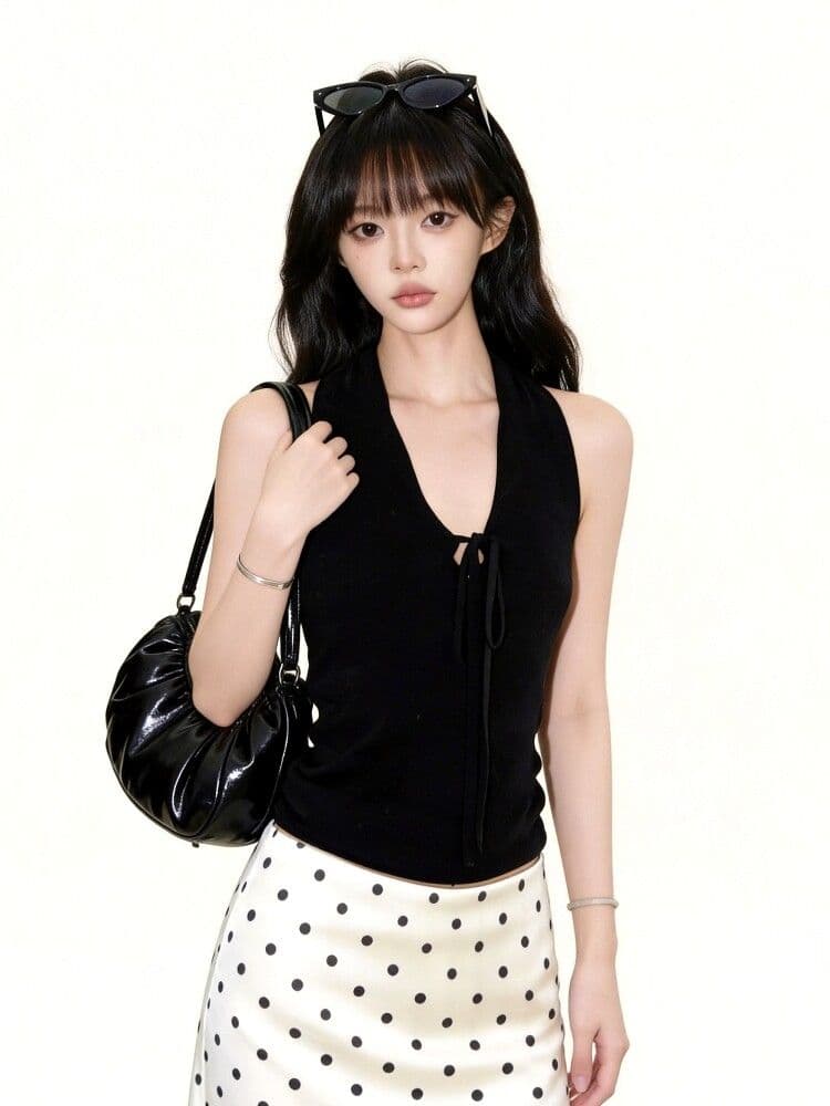 검정색 V넥 행침 목 캐미솔 여름 핫걸 몸매 가꾸기 민소매 백리스 맨위 상세 이미지 4