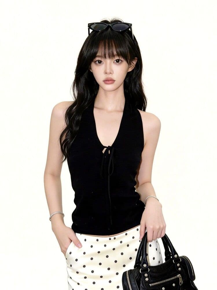 검정색 V넥 행침 목 캐미솔 여름 핫걸 몸매 가꾸기 민소매 백리스 맨위 상세 이미지 5