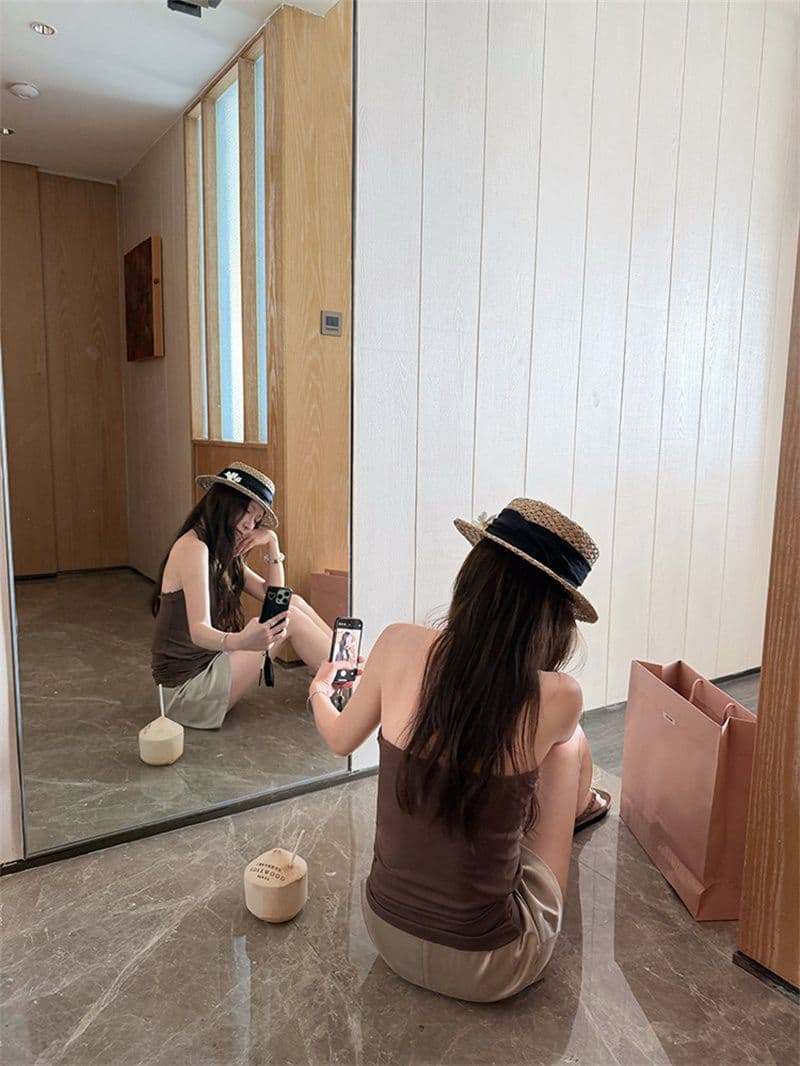 검정색 V넥 행침 목 캐미솔 여름 핫걸 몸매 가꾸기 민소매 백리스 맨위 상세 이미지 24