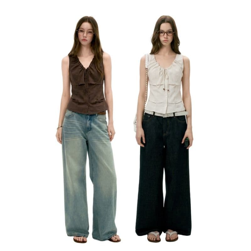 네리 프랑스식 펌프 로프 비즈 핀치 Pleat 베스트 조끼 여름 핫걸 바람 민소매 맨위 이미지 5