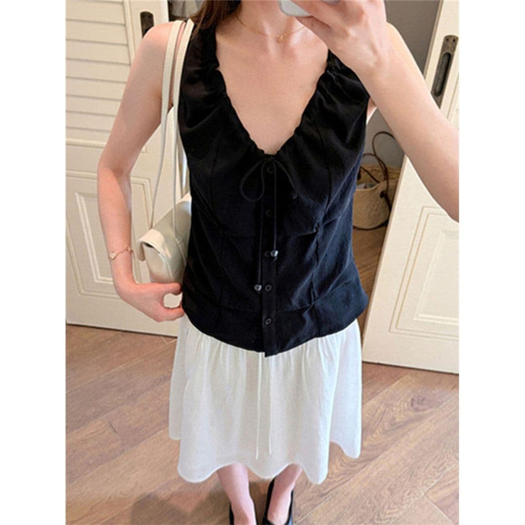 네리 프랑스식 펌프 로프 비즈 핀치 Pleat 베스트 조끼 여름 핫걸 바람 민소매 맨위 이미지 3