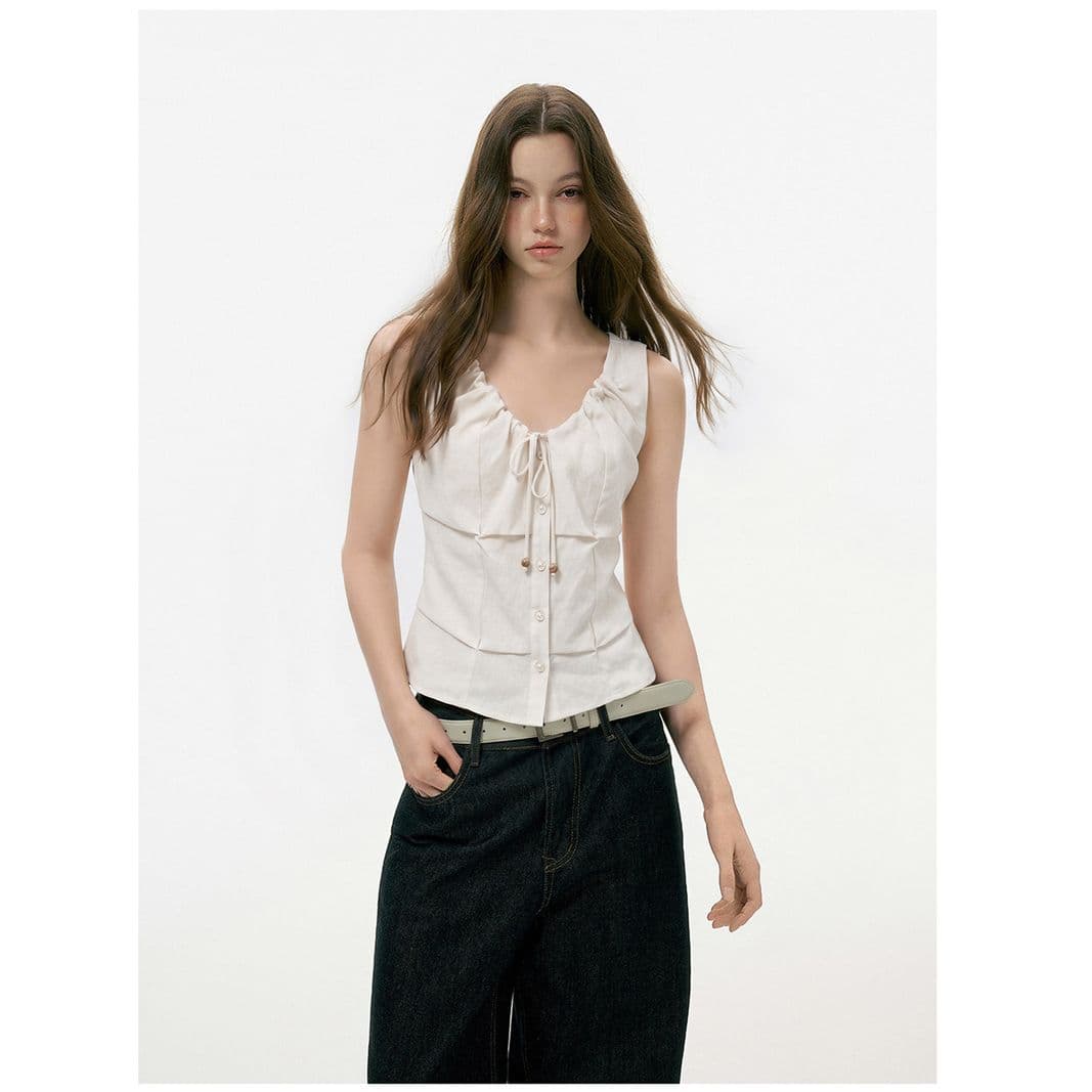 네리 프랑스식 펌프 로프 비즈 핀치 Pleat 베스트 조끼 여름 핫걸 바람 민소매 맨위 이미지 4