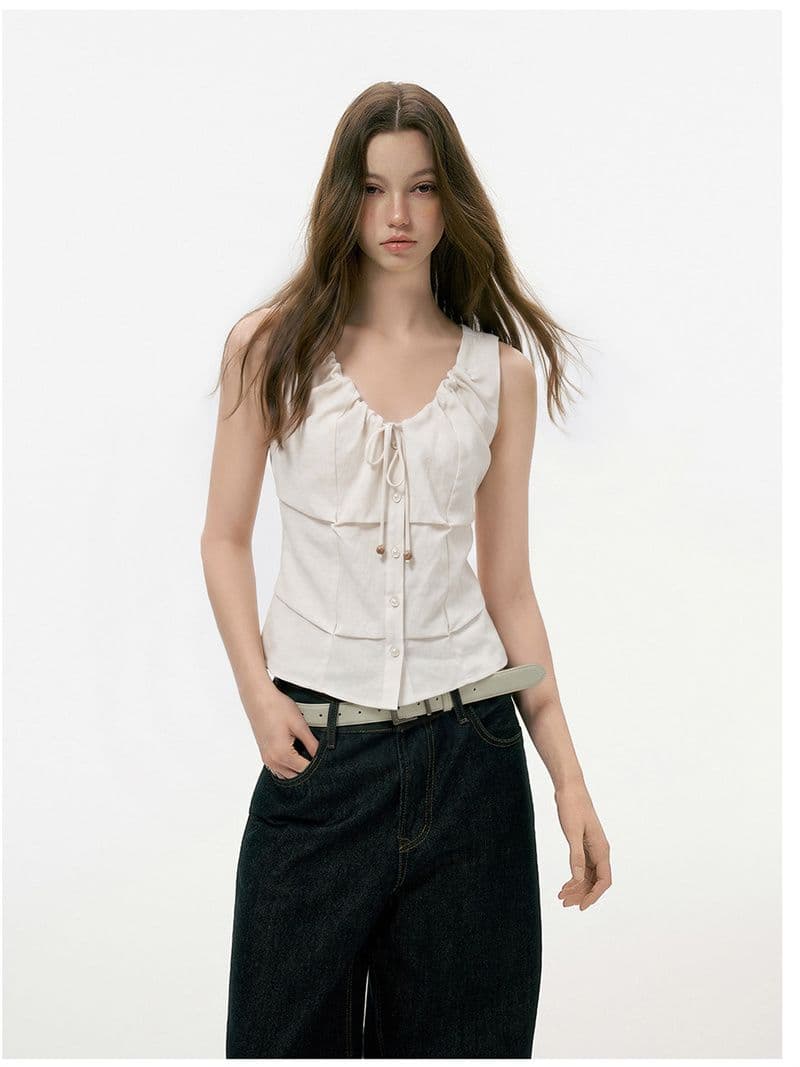 네리 프랑스식 펌프 로프 비즈 핀치 Pleat 베스트 조끼 여름 핫걸 바람 민소매 맨위 상세 이미지 2