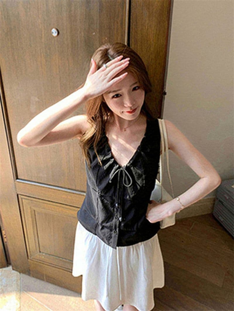 네리 프랑스식 펌프 로프 비즈 핀치 Pleat 베스트 조끼 여름 핫걸 바람 민소매 맨위 상세 이미지 27