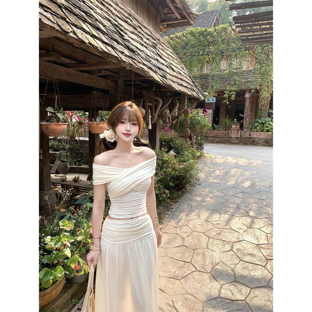 십자가 디자인 오프숄더 보트넥 순수한 욕망 부드러운 바람 티셔츠 맨위 하이웨이스트 큰 진자 반신 스커트 투피스 세트 이미지 5
