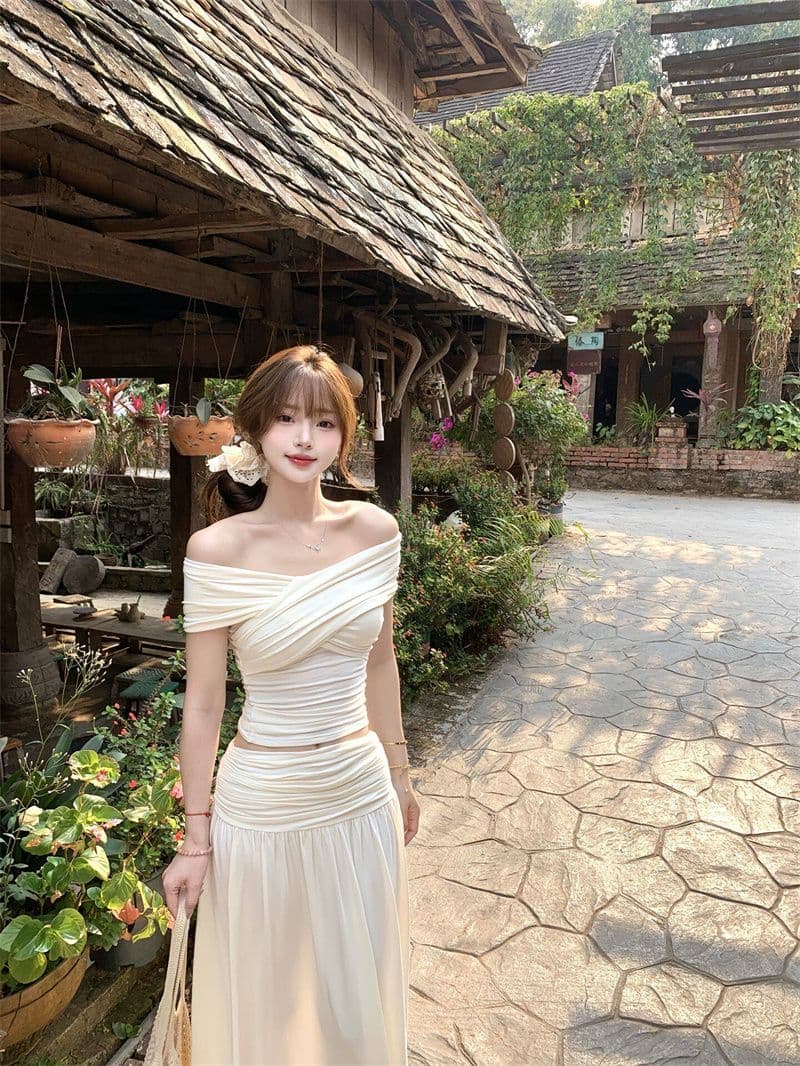 십자가 디자인 오프숄더 보트넥 순수한 욕망 부드러운 바람 티셔츠 맨위 하이웨이스트 큰 진자 반신 스커트 투피스 세트 상세 이미지 4