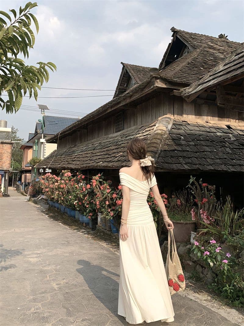 십자가 디자인 오프숄더 보트넥 순수한 욕망 부드러운 바람 티셔츠 맨위 하이웨이스트 큰 진자 반신 스커트 투피스 세트 상세 이미지 6