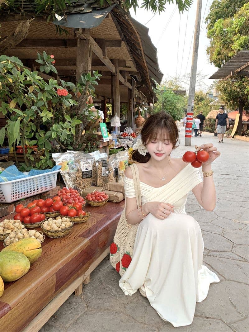 십자가 디자인 오프숄더 보트넥 순수한 욕망 부드러운 바람 티셔츠 맨위 하이웨이스트 큰 진자 반신 스커트 투피스 세트 상세 이미지 10