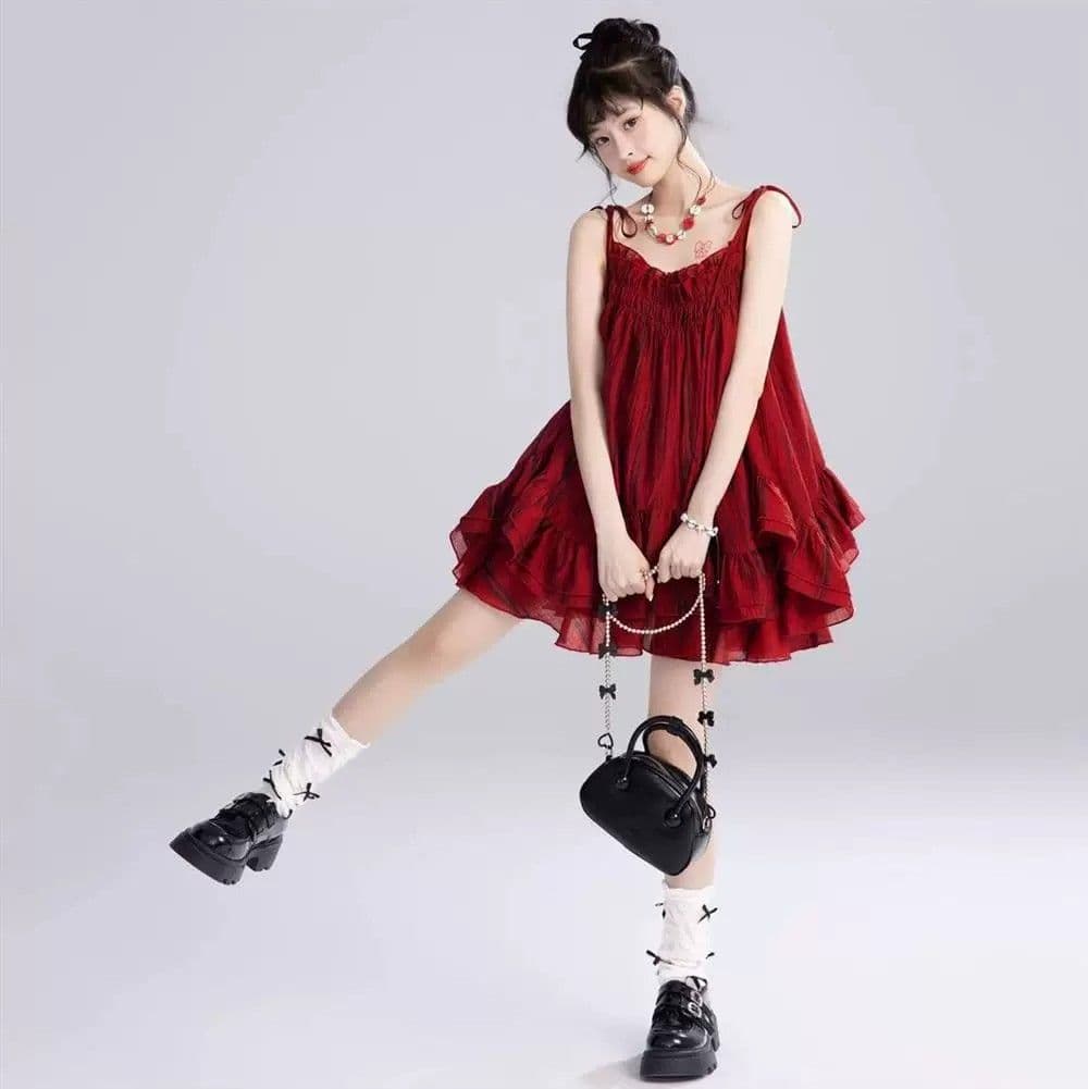 여름 새로운 프랑스식 달콤함 신선함 장난기 넘치는 작은 키 캐주얼 슬립 맨위 미니 스커트 세트 상세 이미지 10