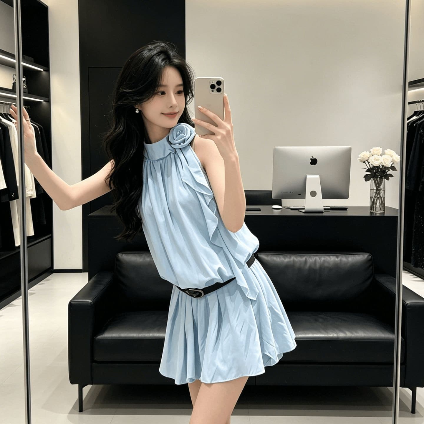 새로운 파란색 행침 목 민소매 여성 드레스 여름 프릴 미니 스커트 슬림해 보이는 해변가 휴가 바람 디자인 센스 작은 대중 이미지 5