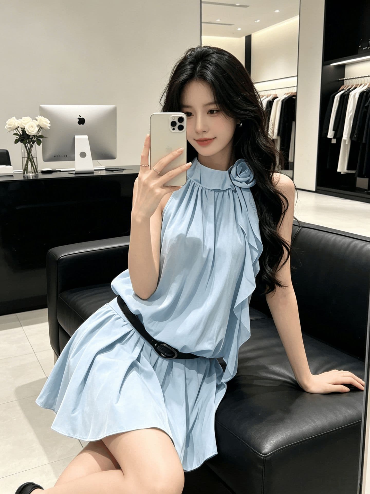 새로운 파란색 행침 목 민소매 여성 드레스 여름 프릴 미니 스커트 슬림해 보이는 해변가 휴가 바람 디자인 센스 작은 대중 상세 이미지 1