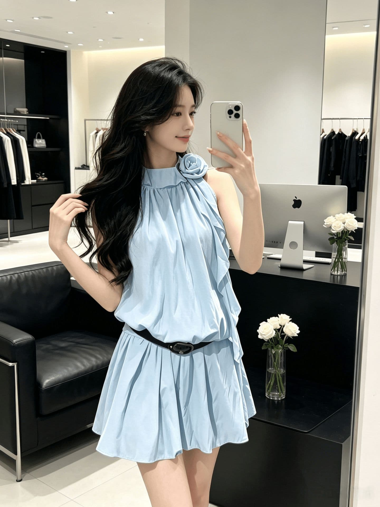 새로운 파란색 행침 목 민소매 여성 드레스 여름 프릴 미니 스커트 슬림해 보이는 해변가 휴가 바람 디자인 센스 작은 대중 상세 이미지 2