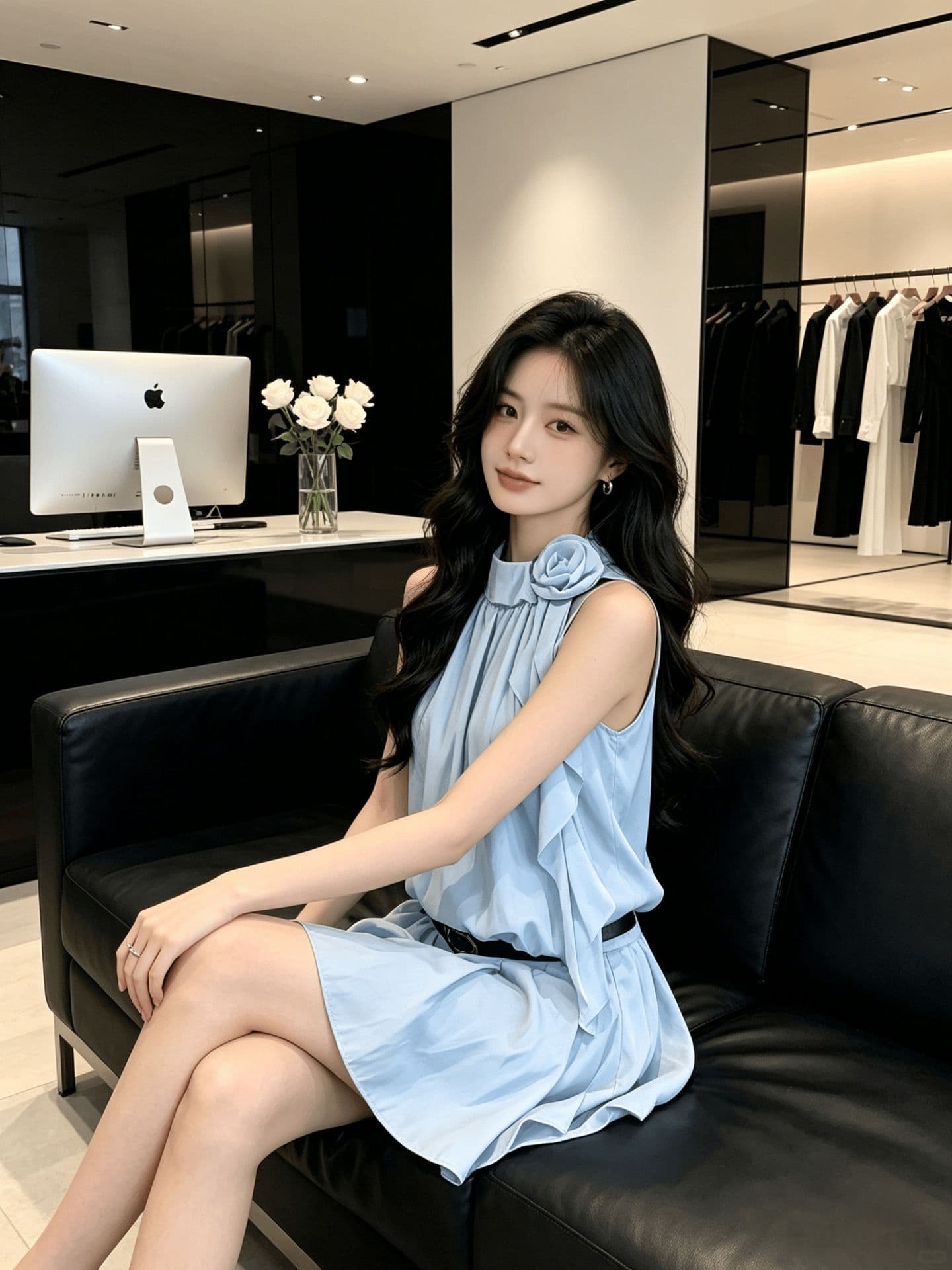 새로운 파란색 행침 목 민소매 여성 드레스 여름 프릴 미니 스커트 슬림해 보이는 해변가 휴가 바람 디자인 센스 작은 대중 상세 이미지 6