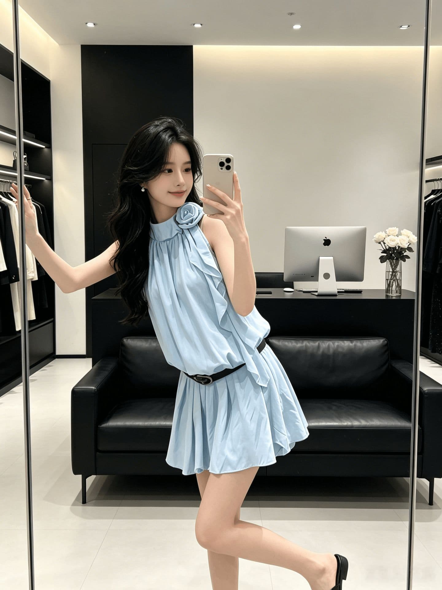 새로운 파란색 행침 목 민소매 여성 드레스 여름 프릴 미니 스커트 슬림해 보이는 해변가 휴가 바람 디자인 센스 작은 대중 상세 이미지 8