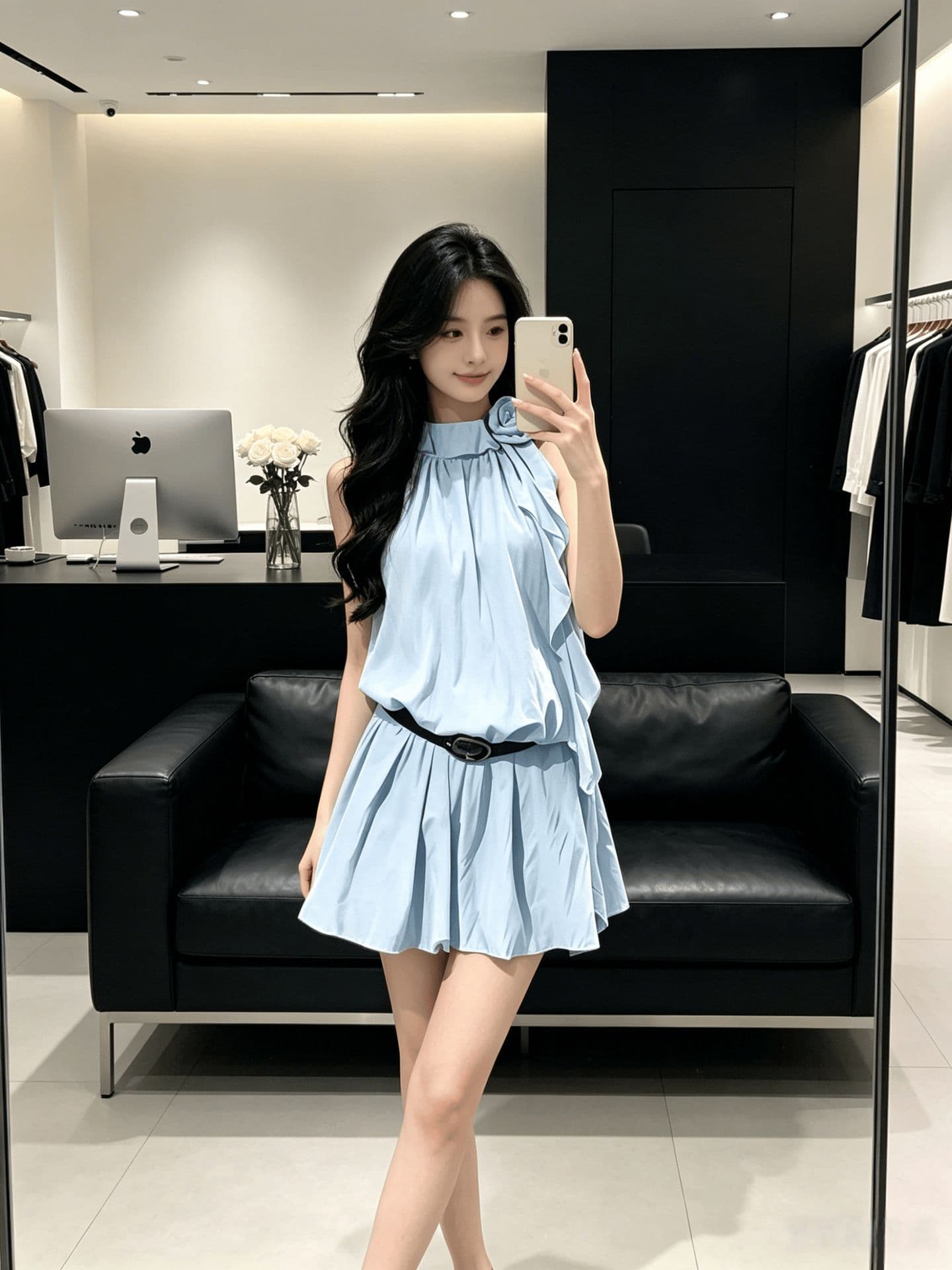 새로운 파란색 행침 목 민소매 여성 드레스 여름 프릴 미니 스커트 슬림해 보이는 해변가 휴가 바람 디자인 센스 작은 대중 상세 이미지 9