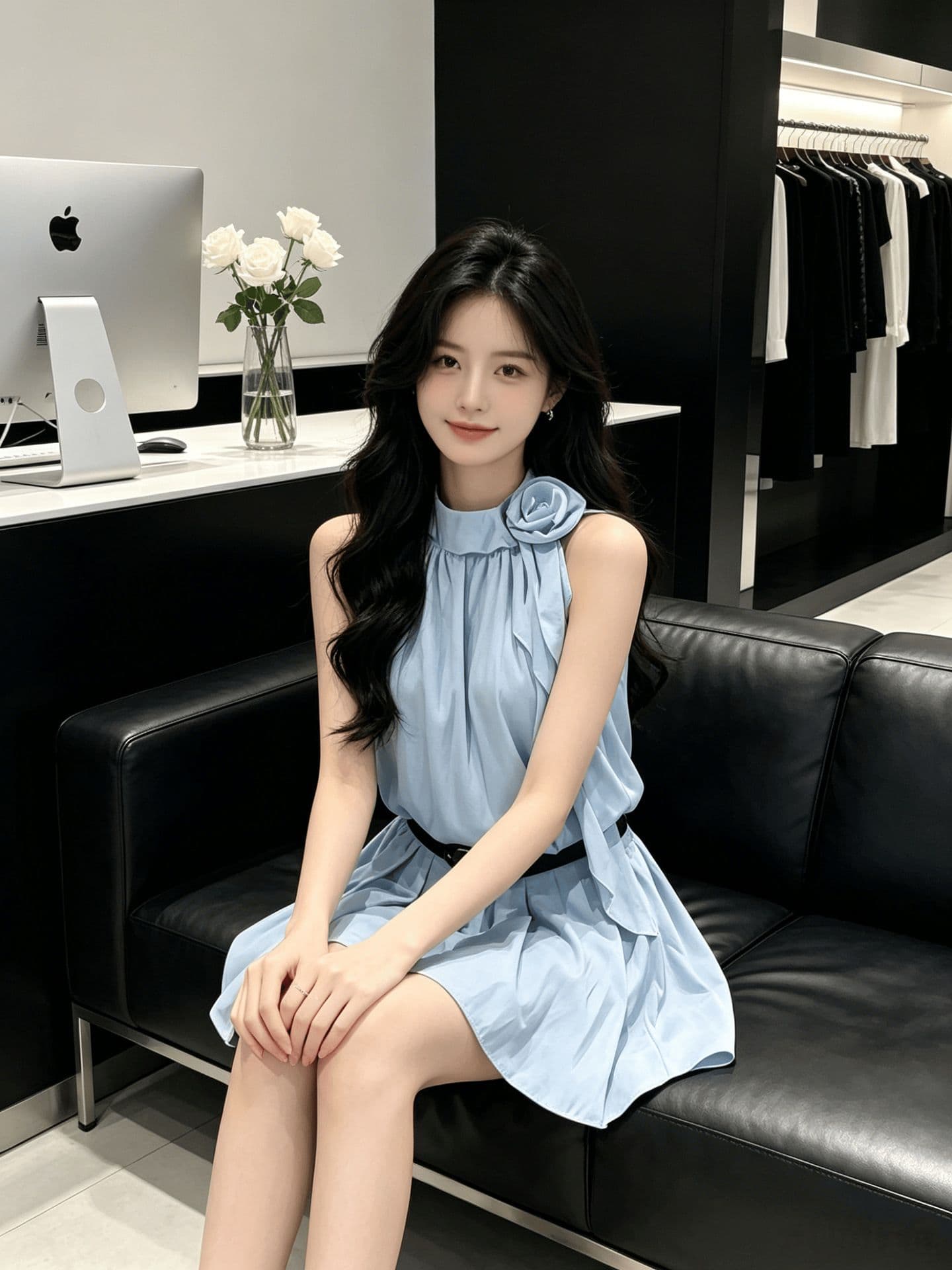 새로운 파란색 행침 목 민소매 여성 드레스 여름 프릴 미니 스커트 슬림해 보이는 해변가 휴가 바람 디자인 센스 작은 대중 상세 이미지 10