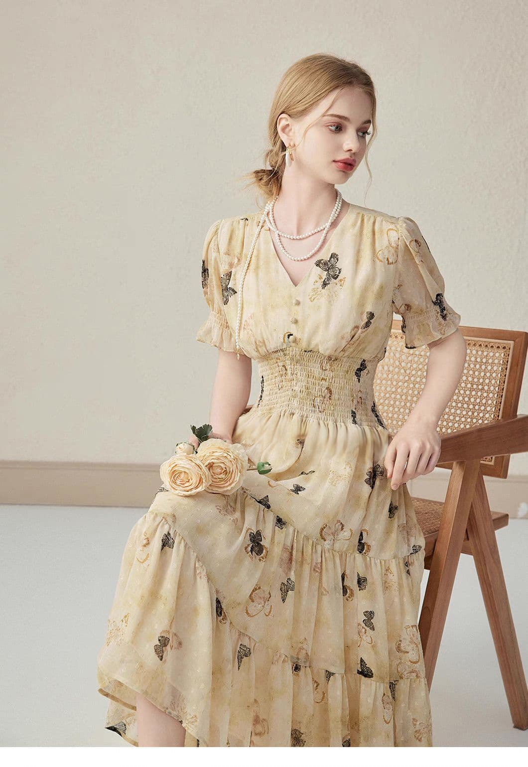 여름 V넥 거품 소매 쉬폰 꽃무늬 드레스 중간 길이 하이웨이스트 슬림해 보이는 신선함 달콤함 공주 바람 상세 이미지 9