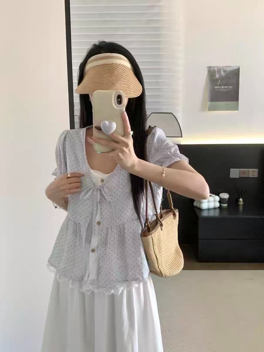 두 조각 원본 것 높은 품질 쉬폰 구름 면 도트 무늬 페이크 레이어드 레이스 레이스 레이스업 맨위 여성
