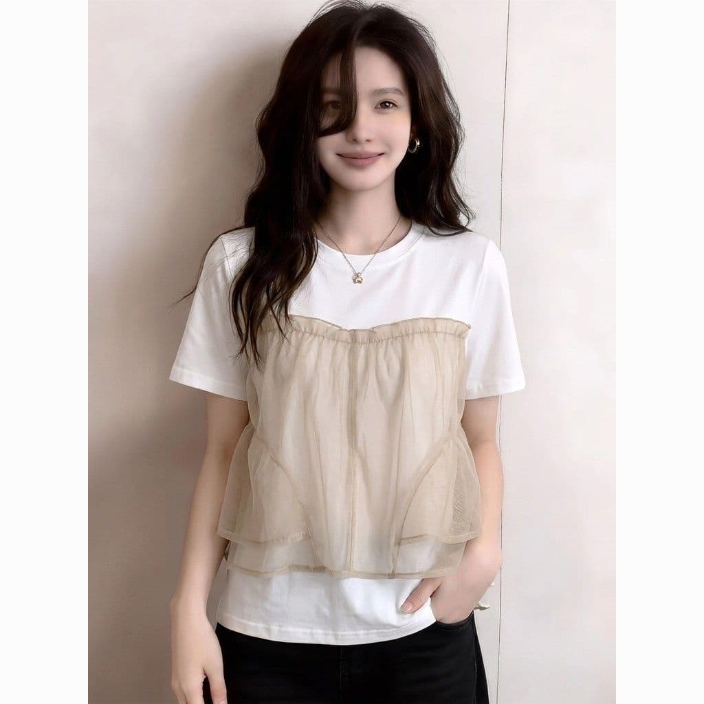 여름 유럽 상품 망사 패치워크 페이크 레이어드 맨위 미니멀리즘 캐주얼 다용도 반팔 티셔츠