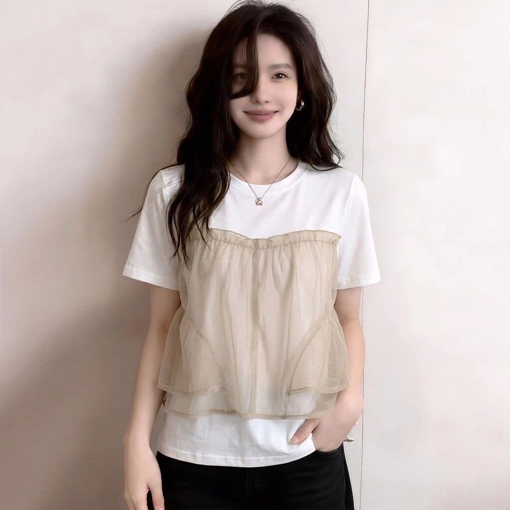 여름 유럽 상품 망사 패치워크 페이크 레이어드 맨위 미니멀리즘 캐주얼 다용도 반팔 티셔츠 상세 이미지 2
